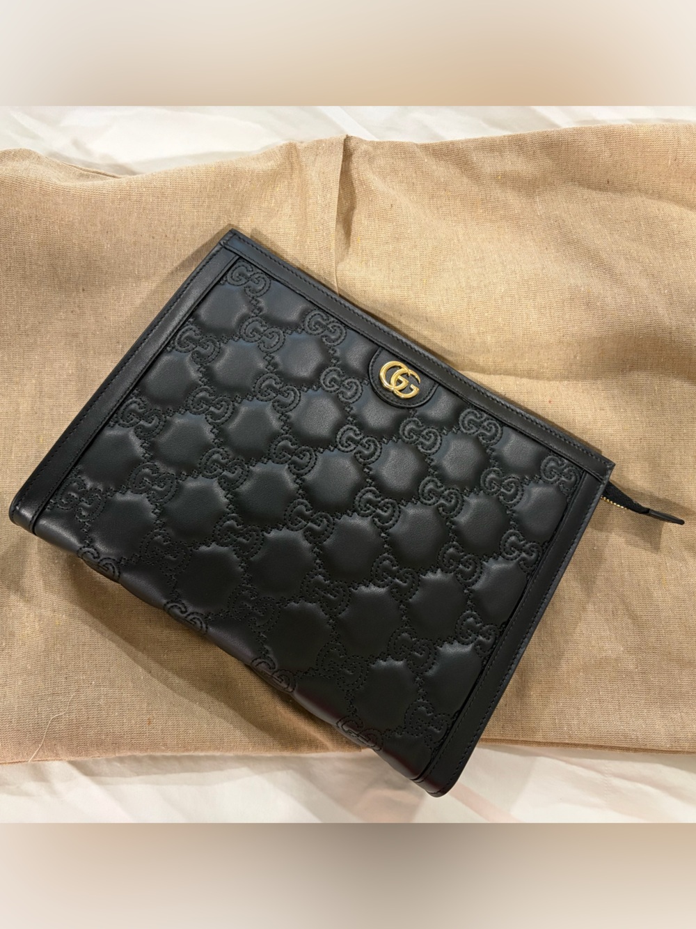 Gucci Black Matelasse GG Embossed Leather Zip Pouch with Gold Logo